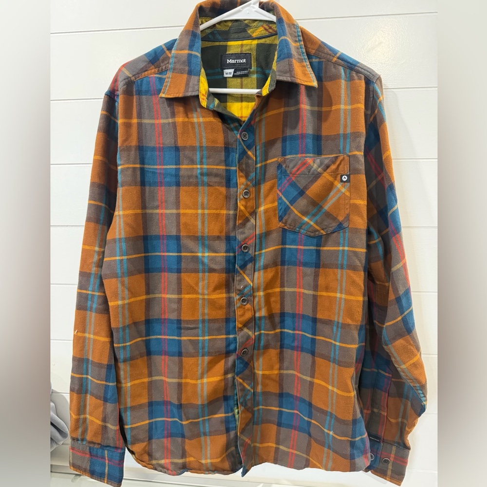 Marmot Men's Plaid soft flannel Button Down Shirt - Orange, Blue, Red- M